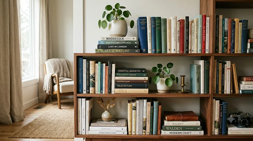Home office bookshelf styling for video calls – golden rule 2: mixing vertical and horizontal books for visual interest.