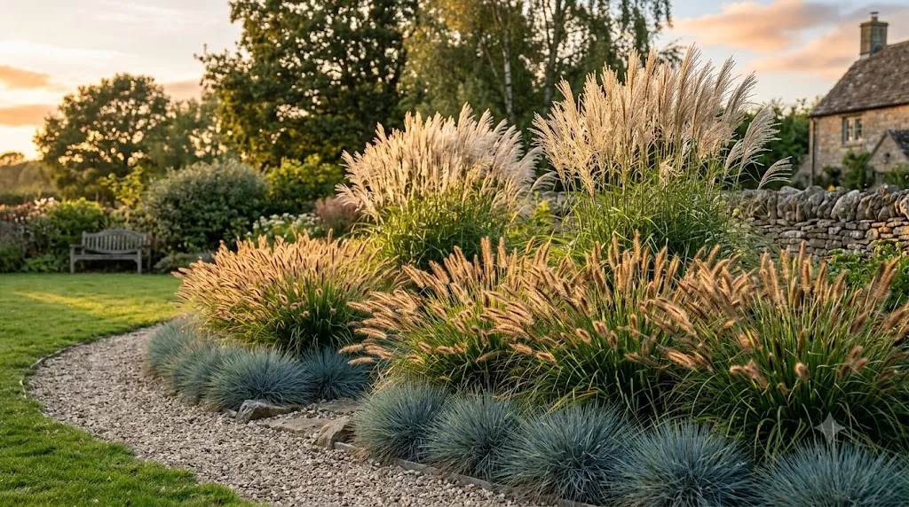 Perennial border ideas that look good every season – ornamental grass border with Miscanthus, Pennisetum, and Festuca.
