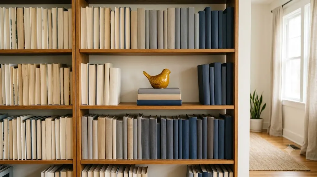 Home office bookshelf styling for video calls – golden rule 3: cohesive color palette with neutral-toned books and decor.