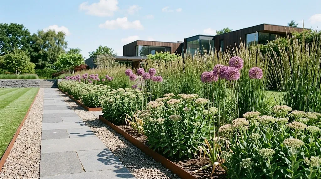 Perennial border ideas that look good every season – modern border with mass plantings of Sedum, Alliums, and ornamental grasses.