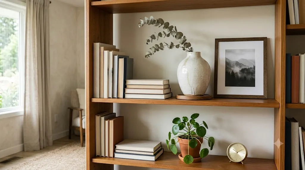 Home office bookshelf styling for video calls – golden rule 4: using a few statement pieces instead of many small knick-knacks.