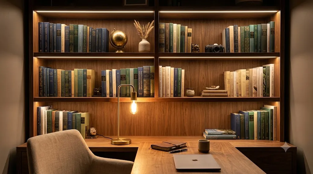 Home office bookshelf styling for video calls – golden rule 5: warm lighting on a bookshelf for a professional video backdrop.