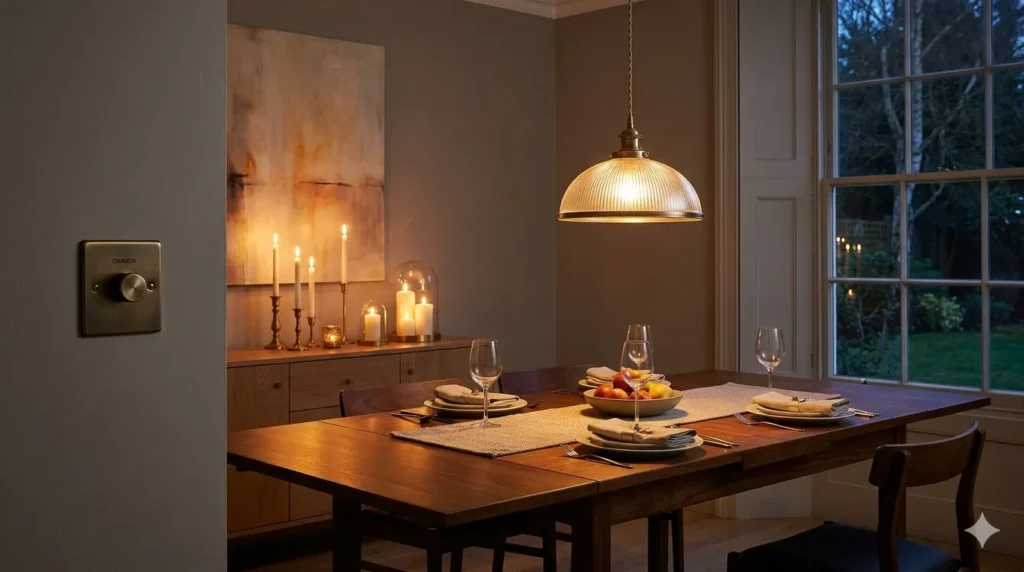 How to design a dining room that works for everyday and entertaining – step 3: layered lighting with pendant light and dimmer switch.