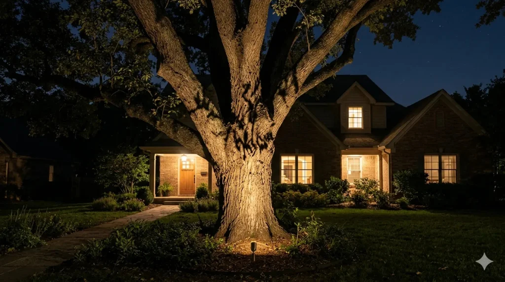 Exterior lighting ideas that boost curb appeal at night – step 3: uplighting on a large oak tree.