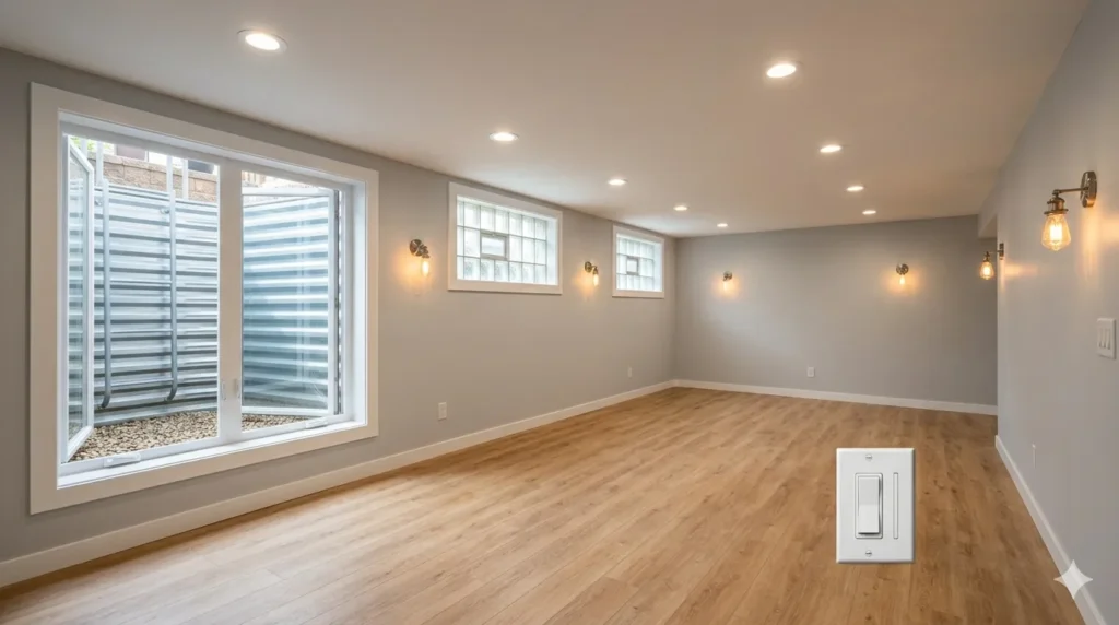 How to convert a basement into a living space – step 3: recessed lighting with dimmer and wall sconces for layered illumination.