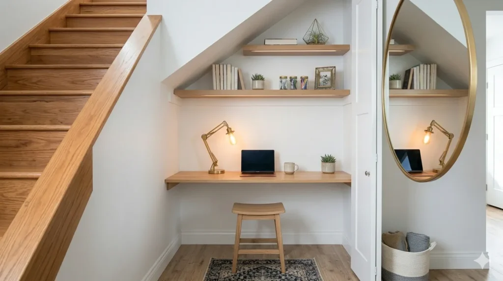 Home office in a small space: creative solutions – step 3: desk tucked under a staircase with shelves and warm lighting.