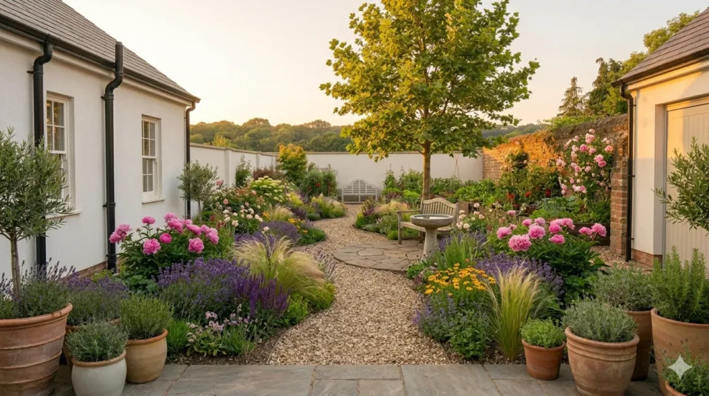 Garden layout ideas for rectangular plots – curved gravel path winding through cottage garden planting to a bench at the far end.