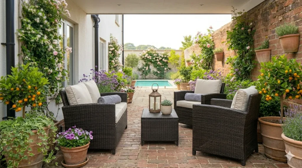 Best outdoor furniture materials for all weather – resin wicker sofa with cream cushions on a covered porch.