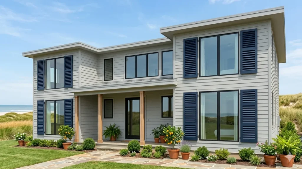 Shutters on modern homes do they still work – step 3 wide louvered shutters in navy blue on a coastal modern home with gray siding.