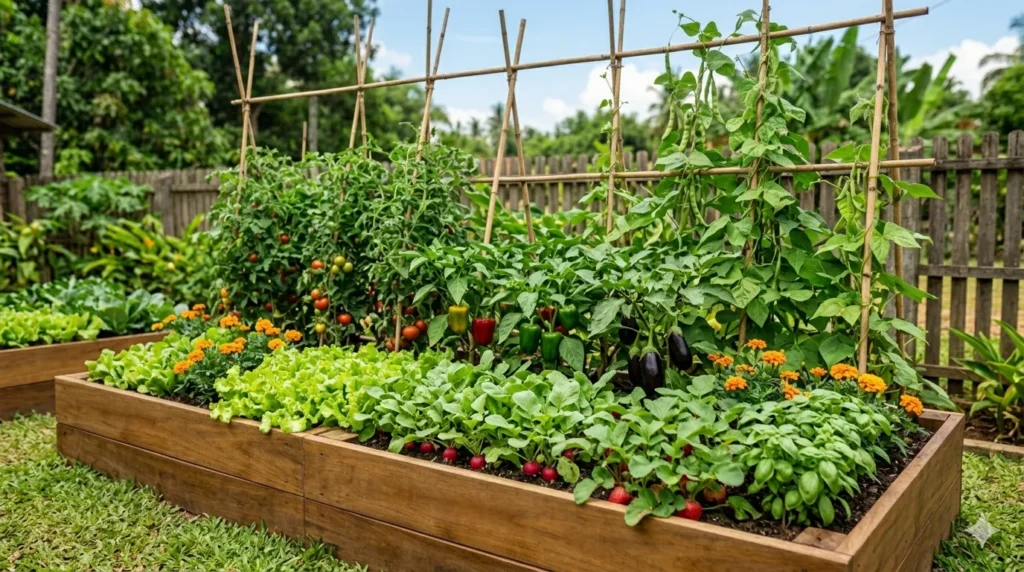 Raised bed vegetable garden ideas and layouts – vertical companion planting with tall tomatoes and beans at back, peppers middle, lettuce and strawberries at front.