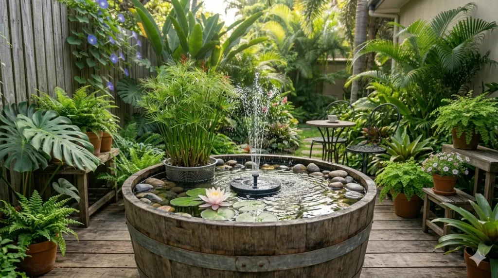 How to add a water feature to a small garden – half-barrel container water garden with water lily, dwarf papyrus, and solar fountain.