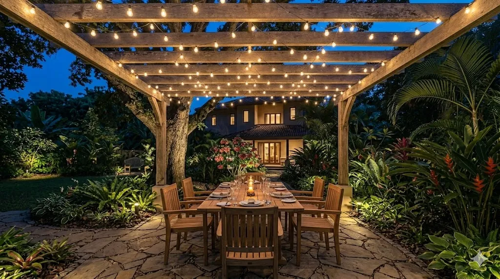 How to light a garden for evenings and entertaining – step 3 warm string lights draped over a pergola above a dining table.