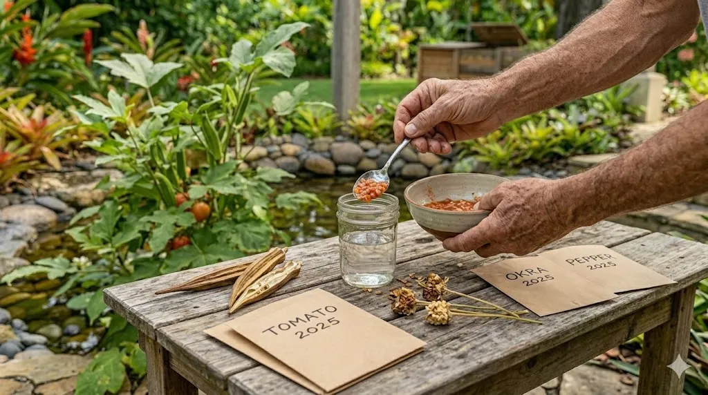 How to create a zero-waste garden – step 3 hands scooping tomato seeds into a glass jar with paper envelopes nearby.