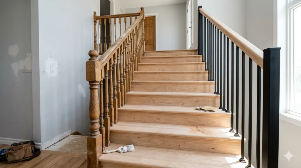 Generate a vertical (2:3) realistic photograph of the new black iron balusters and handrail, focusing on the clean, modern lines. Aspect ratio 2:3.