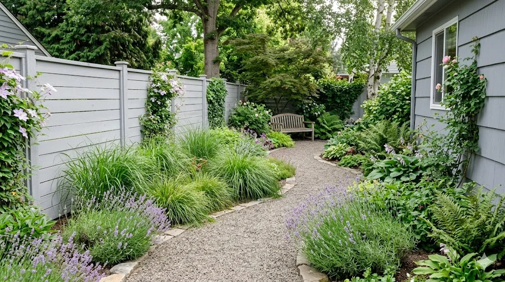 How to make a tiny garden feel bigger – step 3 curved gravel path winding through grasses to a bench hidden around the bend.