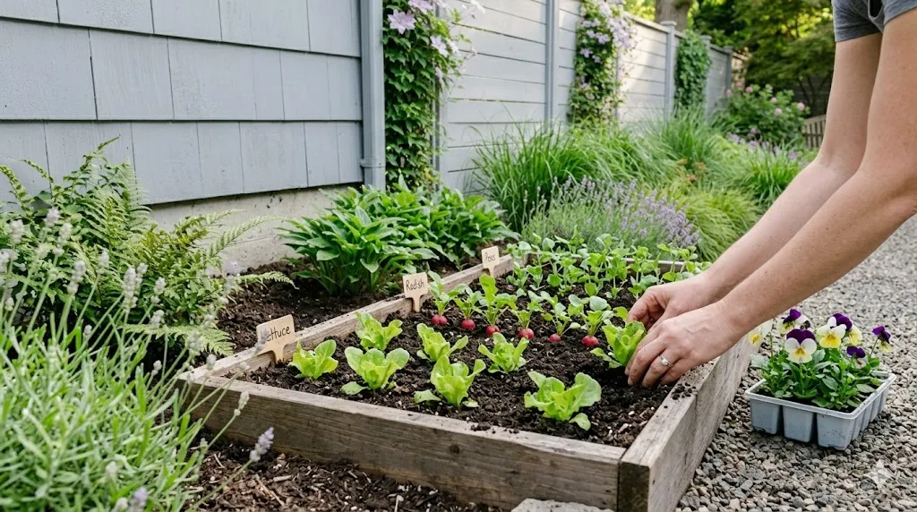 Spring Garden Refreshy – step 3 hands planting lettuce seedlings with radishes and peas already sprouting.