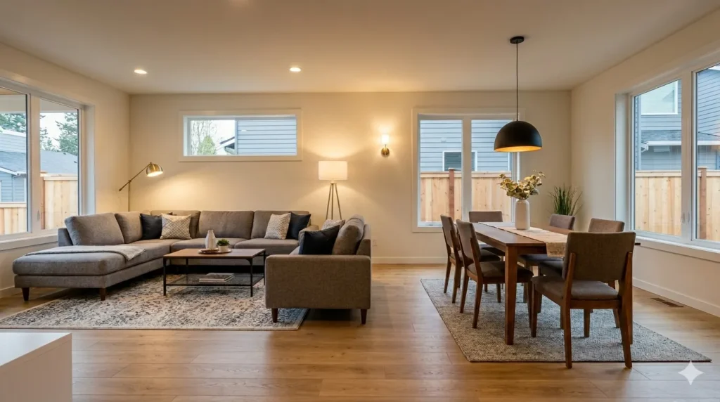 How to style an open-plan dining and living area – step 3 pendant light over dining table, floor lamp and sconce in living zone.