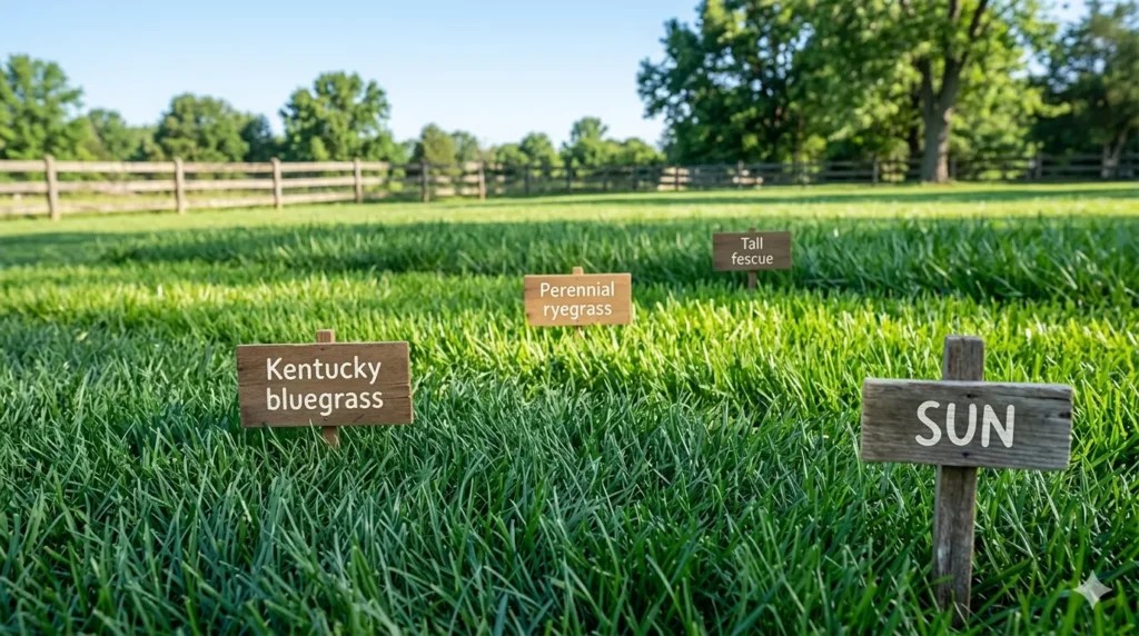 Best grass seed types for shade and sun – step 3 Kentucky bluegrass, perennial ryegrass, and tall fescue growing in full sun.