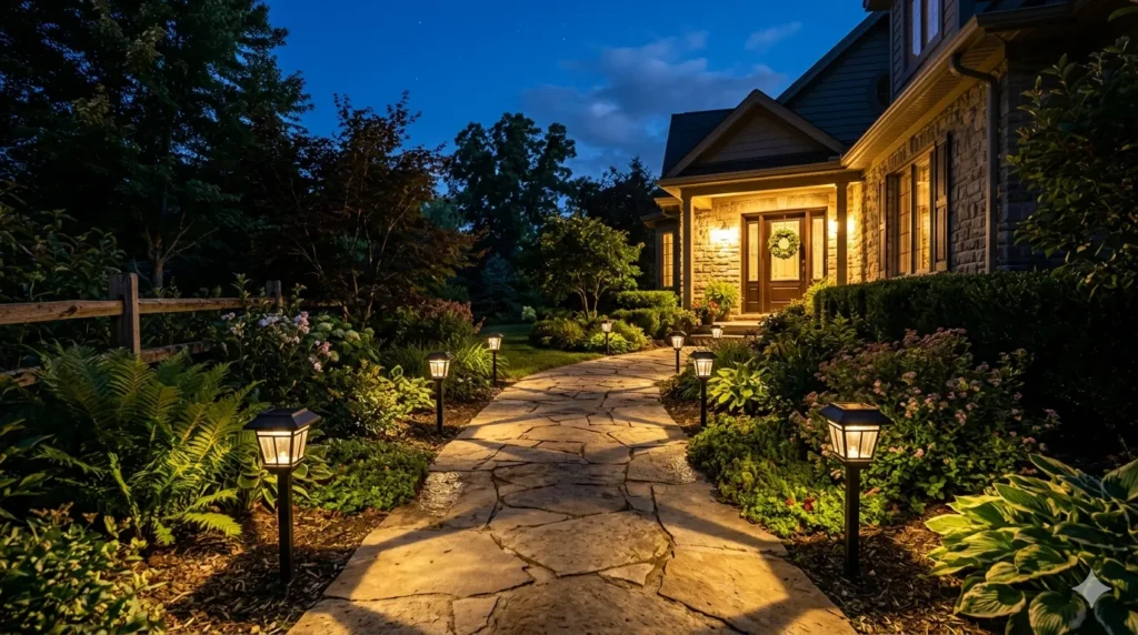 Best solar-powered exterior lights – step 2 key features including solar panel, LiFePO4 battery, IP65 waterproof, lumen scale, and motion sensor.