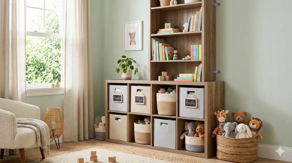 How to design a nursery that grows with your child – step 3: adaptable storage with low cube shelves, labeled bins, and a tall bookcase.