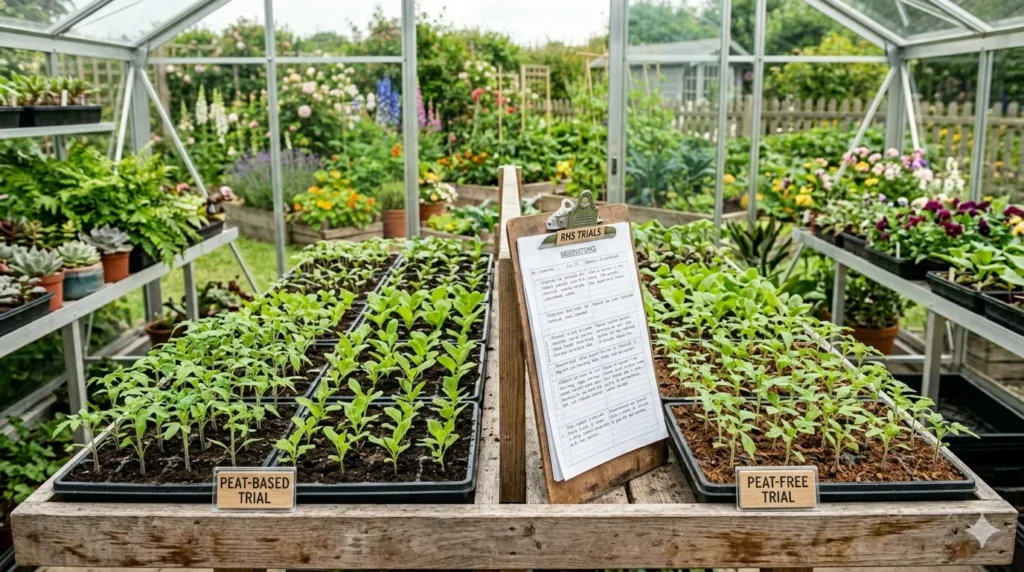 Peat-free gardening alternatives and benefits – step 3 RHS trial comparison of seedlings growing in peat-based vs peat-free composts, both thriving.