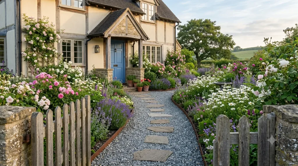Paved pathway ideas from gate to front door – modern concrete paver path with gravel gaps and solar lights leading to a charcoal front door.