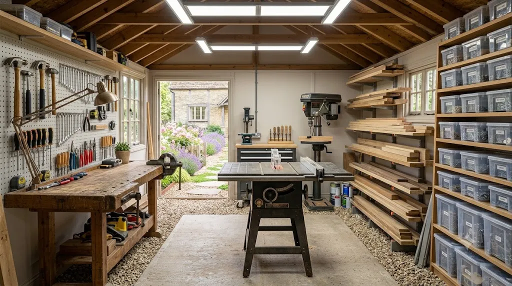 Workshop shed design and layout ideas – step 3 three-zone workshop layout with workbench, machinery area, and storage zone.