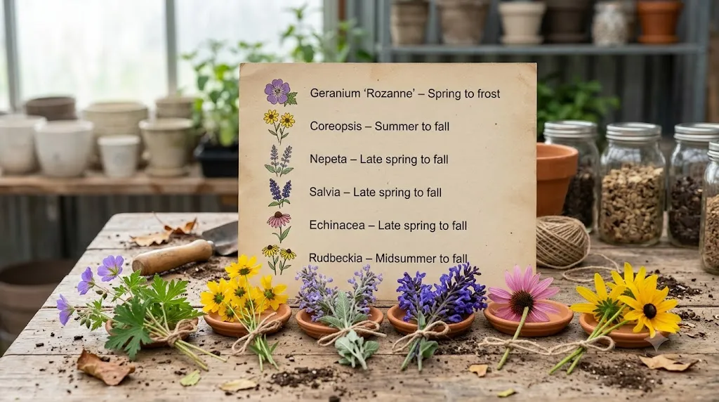 Perennial border ideas that look good every season – essential long-blooming perennials: geranium, coreopsis, nepeta, salvia, echinacea, rudbeckia.