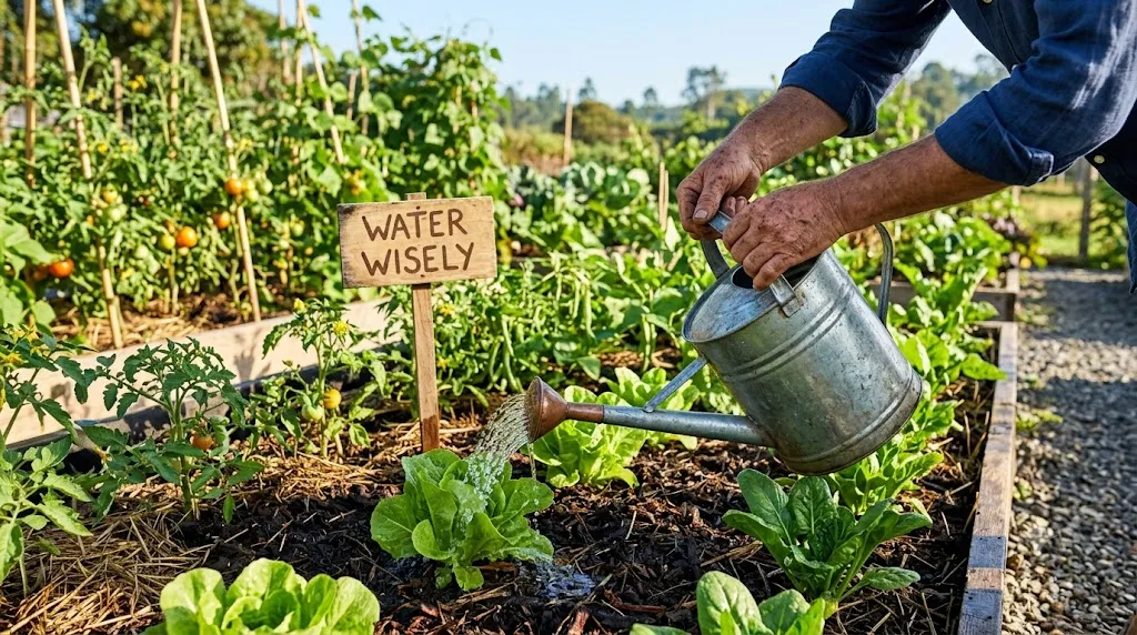 How to garden without pesticides or chemicals – step 2 hands watering garden at the base of plants to prevent disease.