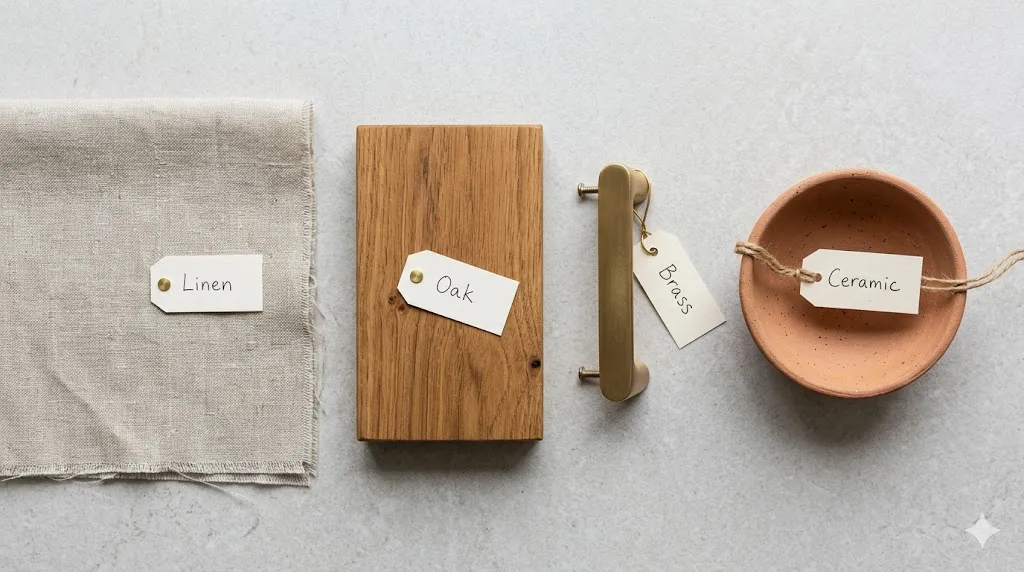How to create a cohesive interior style across every room – step 3: repeating materials – linen, oak wood, brass, ceramic.