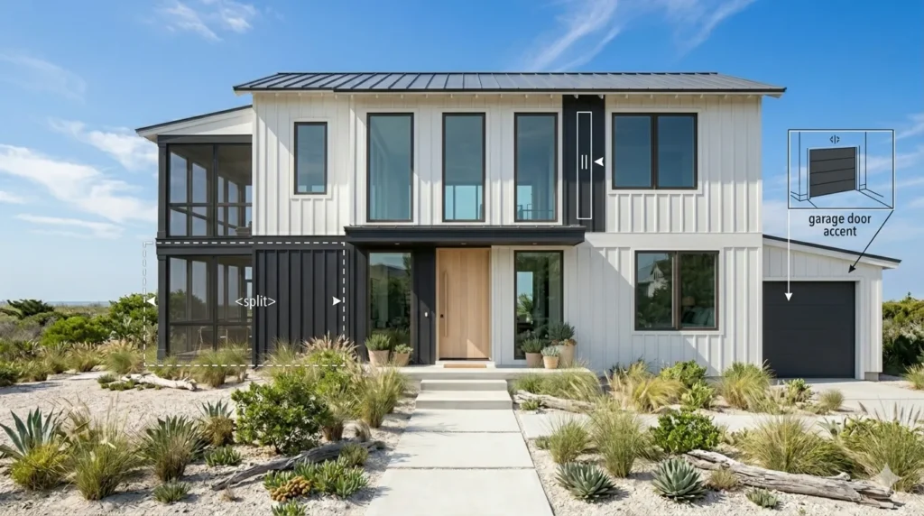 Two-tone exterior paint ideas for modern homes – step 3: color placement strategies including upper/lower split, vertical accent, and garage door accent.