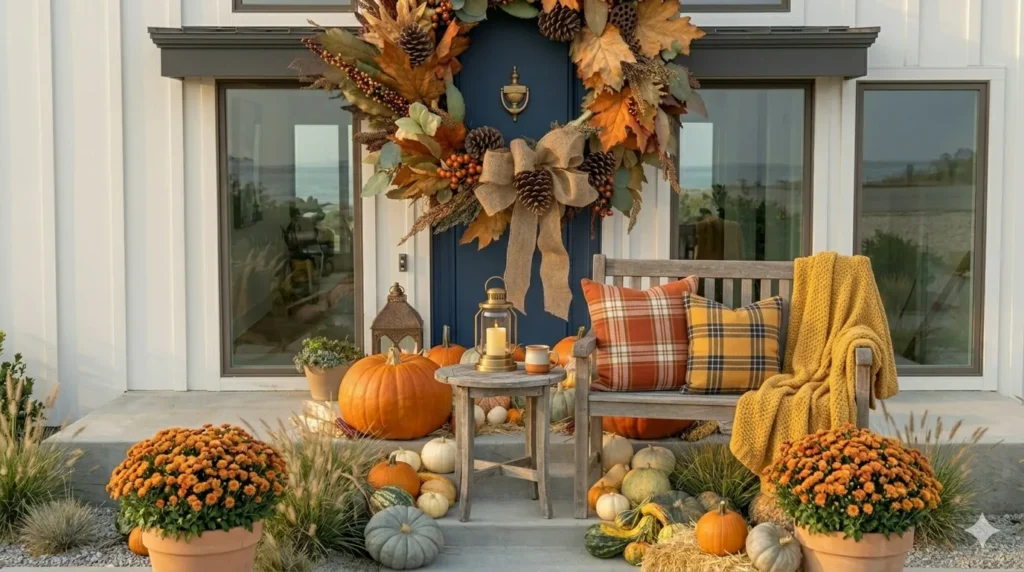 How to decorate your exterior for autumn – step 3: cozy textiles with plaid pillows and a knit blanket on a porch bench.