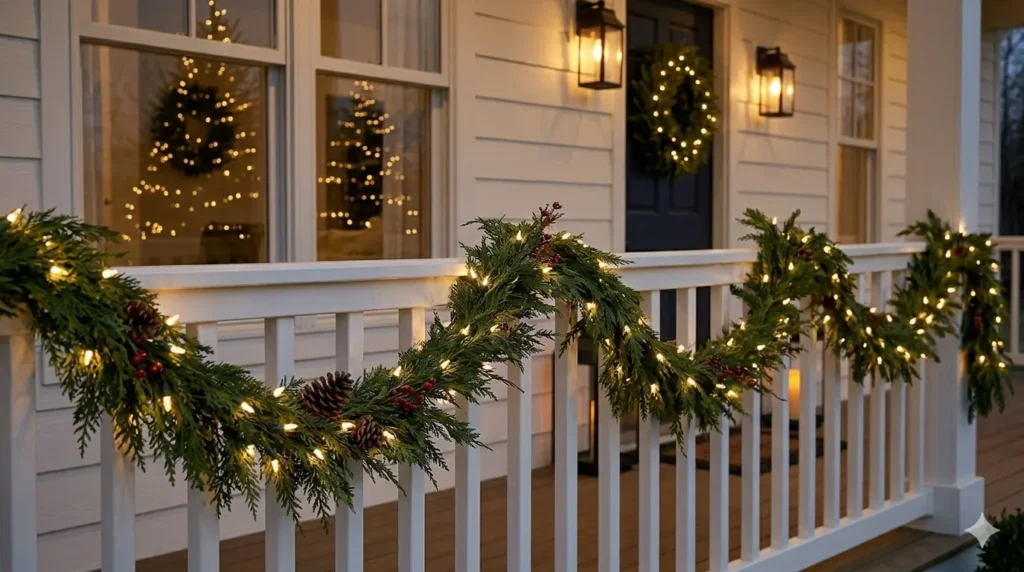 Christmas exterior lighting ideas that look elegant – step 3: a cedar garland with warm white lights on a porch railing.