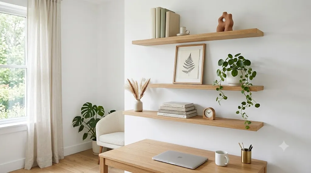 Home office bookshelf styling for video calls – minimalist floating shelves with books, plant, and framed print.