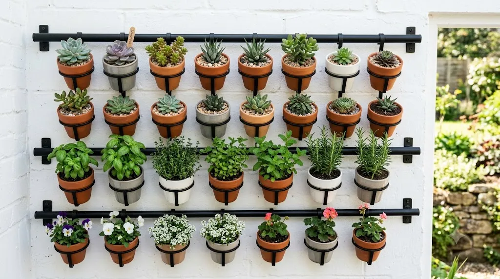Vertical garden wall ideas for small spaces – wall-mounted planter rails with succulents, herbs, and flowers in neat rows.
