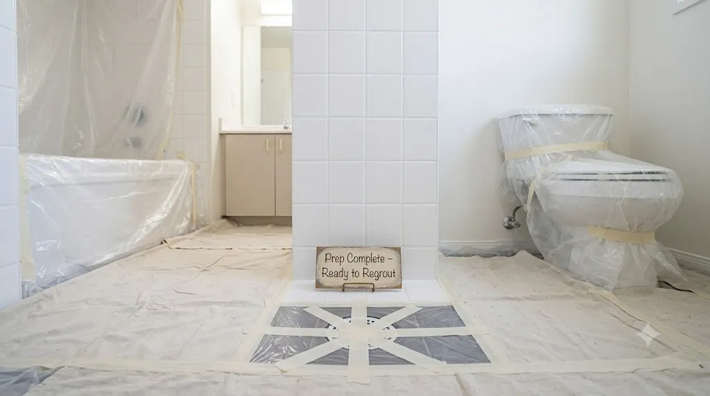 How to regrout bathroom tiles without a full renovation – step 1 preparing the work area with drop cloths and covered fixtures.