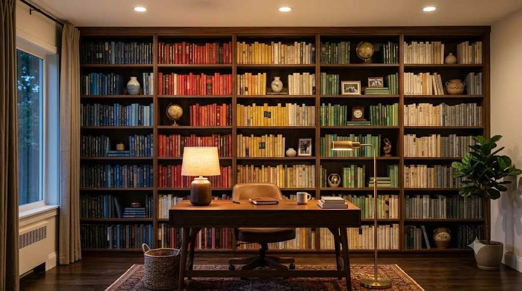 Home office bookshelf styling for video calls – built-in library wall with color-organized books and decor.