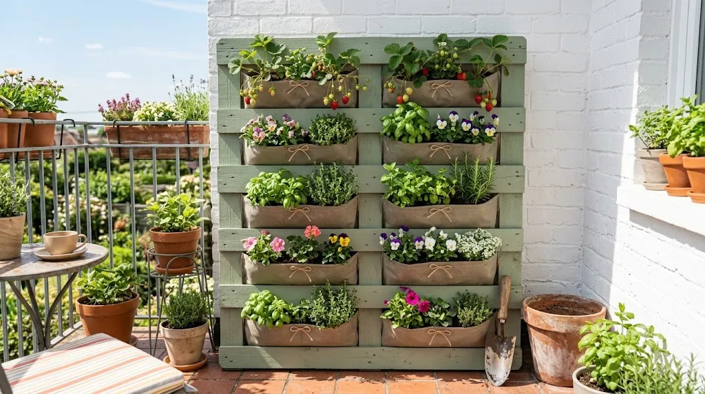 Vertical garden wall ideas for small spaces – repurposed wooden pallet planter with strawberries, herbs, and flowers on a balcony.