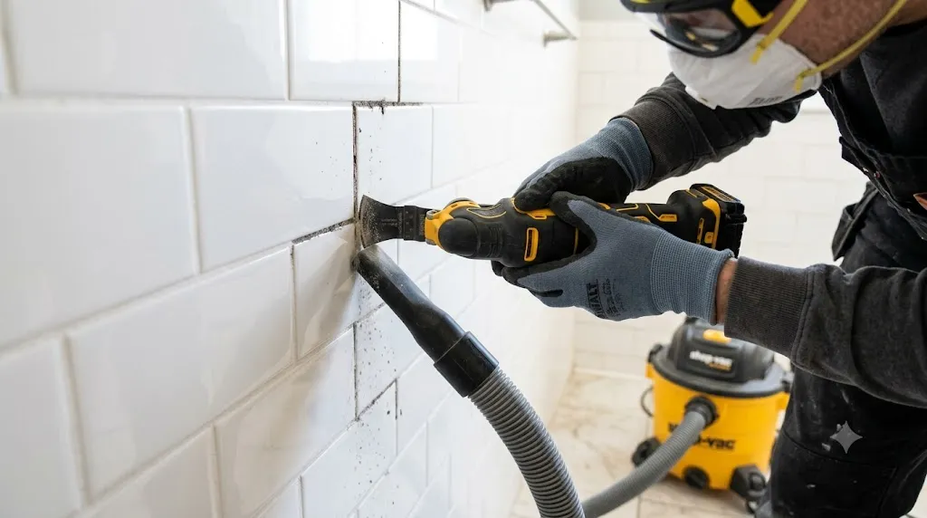 How to regrout bathroom tiles without a full renovation – step 2 hands using oscillating multi-tool to remove old grout from tile joints.