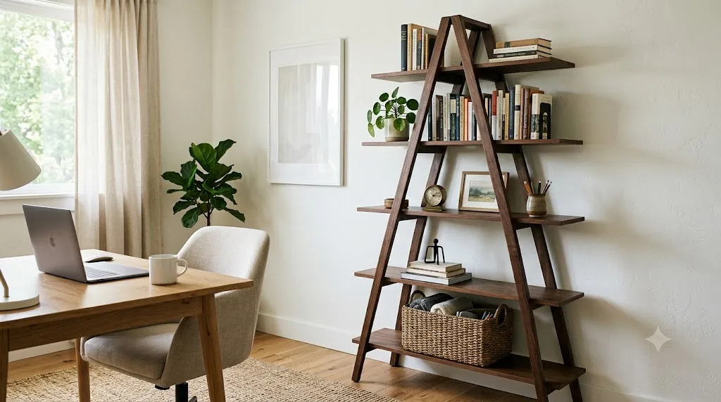 Home office bookshelf styling for video calls – ladder bookshelf with books, basket, and decor items.