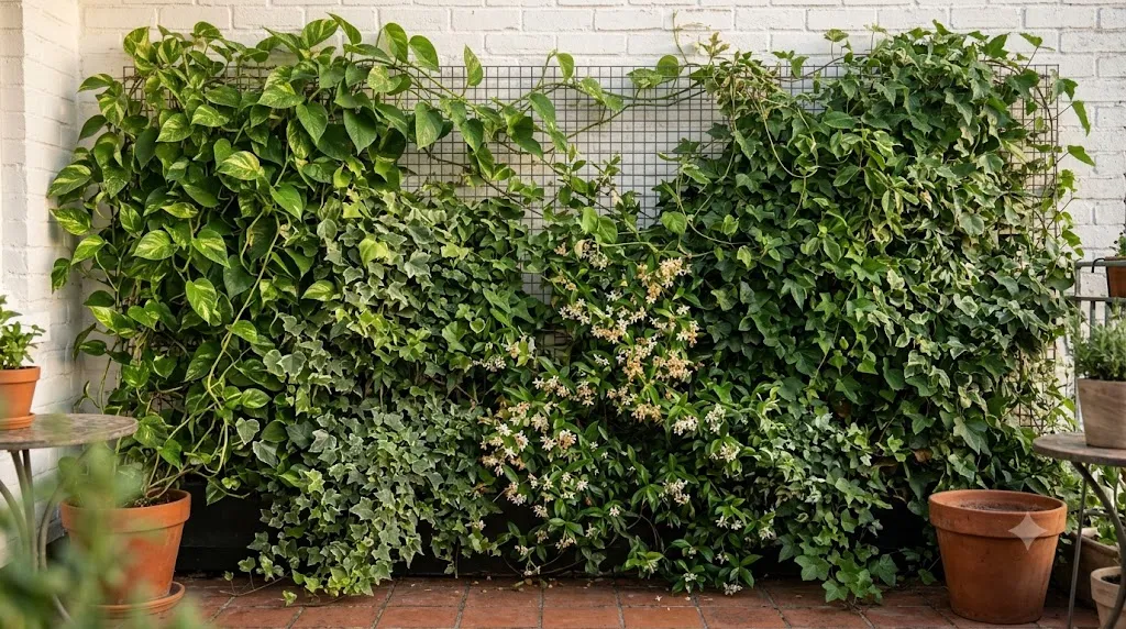Vertical garden wall ideas for small spaces – trellis system with climbing ivy and jasmine creating a living wallpaper.