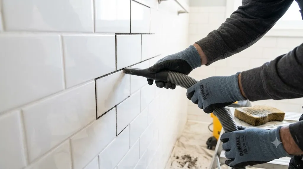 How to regrout bathroom tiles without a full renovation – step 3 hands vacuuming grout lines to remove all dust and debris.