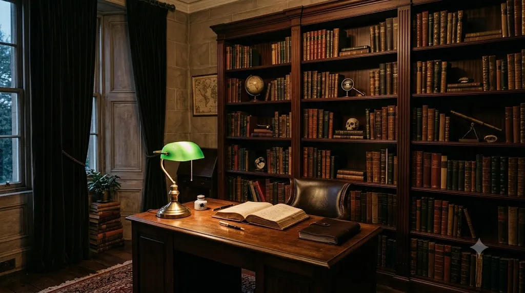 Home office bookshelf styling for video calls – dark academia library with leather-bound books and vintage banker's lamp.
