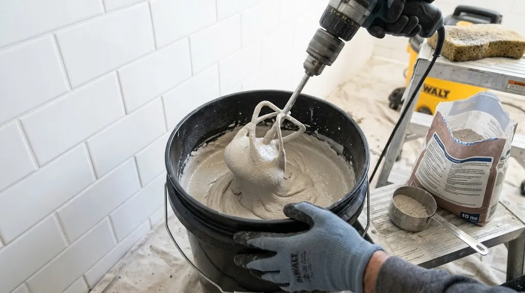 How to regrout bathroom tiles without a full renovation – step 4 hands mixing grout powder and water to smooth spreadable consistency.