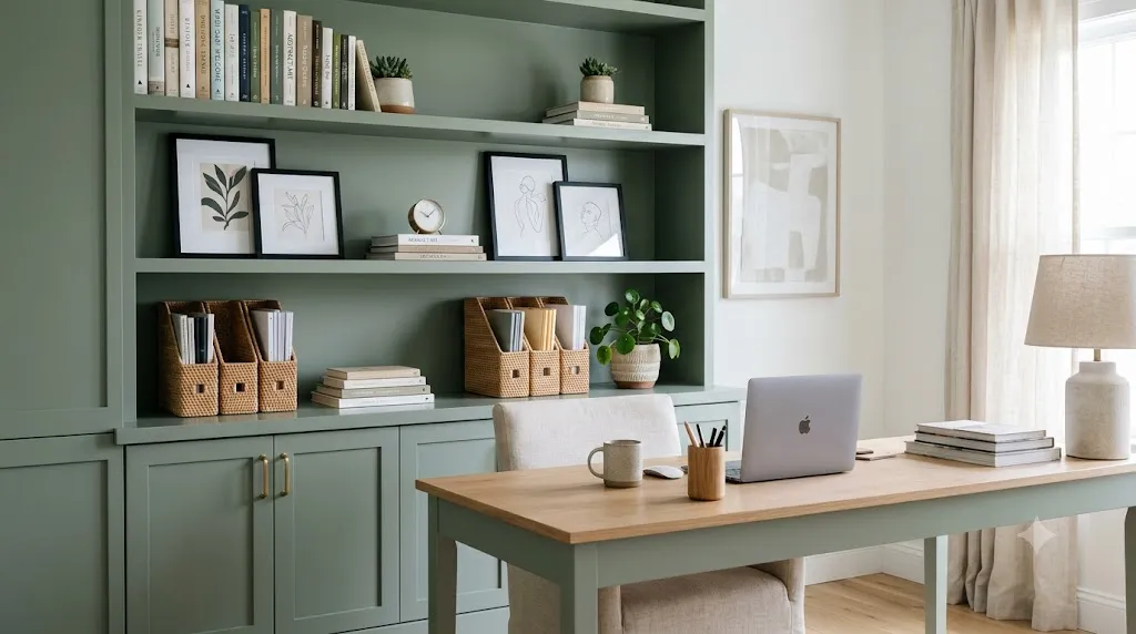 Home office bookshelf styling for video calls – sage green built-in shelves with art books, frames, and rattan files.
