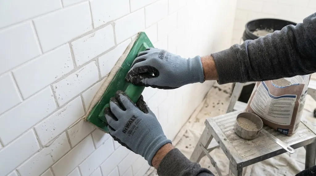 How to regrout bathroom tiles without a full renovation – step 5 hands applying fresh grout diagonally with a rubber float.