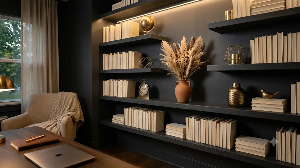 Home office bookshelf styling for video calls – charcoal shelves with creamy books, gold accents, and dried grass.