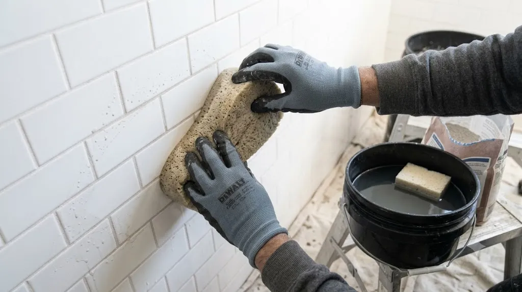 How to regrout bathroom tiles without a full renovation – step 6 hands wiping excess grout with a damp sponge in diagonal motion.