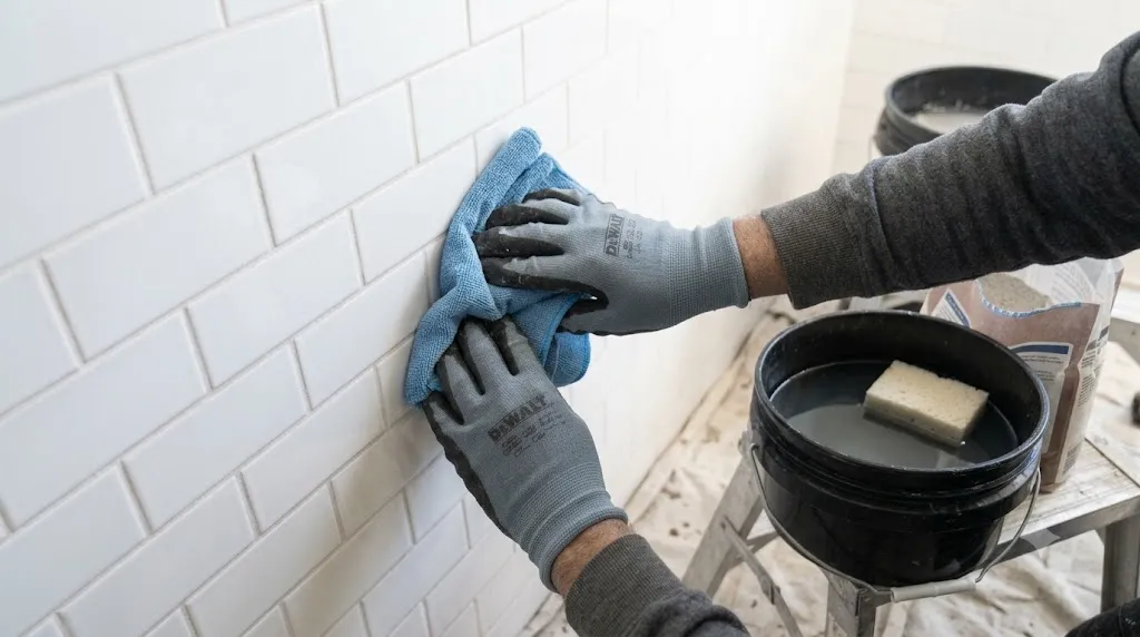 How to regrout bathroom tiles without a full renovation – step 7 hands buffing grout haze from tiles with microfibre cloth.