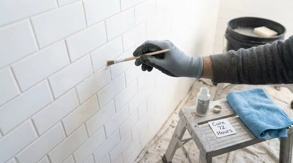 How to regrout bathroom tiles without a full renovation – step 8 hands applying grout sealer to fresh white grout lines.
